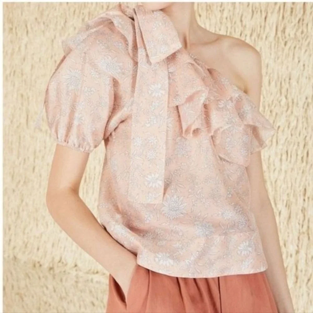 Ulla‎ Johnson NWT Goldie Blouse Rose Audrey Floral One Shoulder Ruffle Bow Top 4